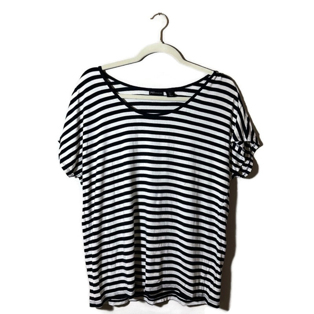Jones New York Top Women's Large Black and White Striped Short Sleeve Round Neck